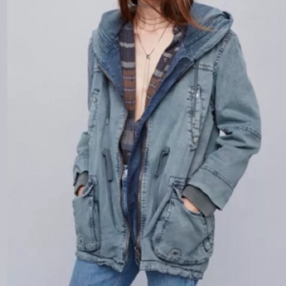 Free People Oversized Solid Knit Mixed Cargo Jacket Steel Blue Gray Rare HTF Y2K - Picture 14 of 14
